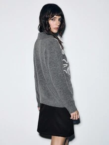 Lumivelle Women's Grey Polo Neck Zip-Up Cardigan With Floral Decor And Wool - Grey - View 2