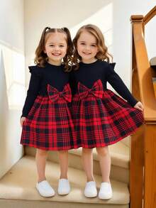 SHEIN Young Girl Plaid Patchwork School Style Dress With Bowknot Detail, Long Sleeve