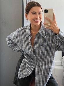 Livesso Plaid Loose Long Sleeve Turn-Down Collar Women's Shirt,Long Sleeve Tops,Fall Clothes,Flannels Women - Blue - View 1