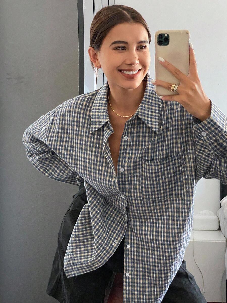 Livesso Plaid Loose Long Sleeve Turn-Down Collar Women's Shirt,Long Sleeve Tops,Fall Clothes,Flannels Women - Blue - View 1