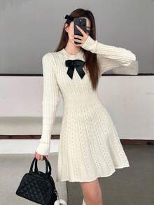 SHEIN Teen Girls Sweater Dresses Elegant Contrast Bow Decor Waisted Cable Knit Sweater Dress/Halloween/Fall/Winter/Glowmode/Autumn/Christmas/Y2k/Pink Cute Girl Dress Long Sleeve White Cable Knit Sweater Dress Bow Knit Dress Korean Dress For Teens - Apricot - View 5