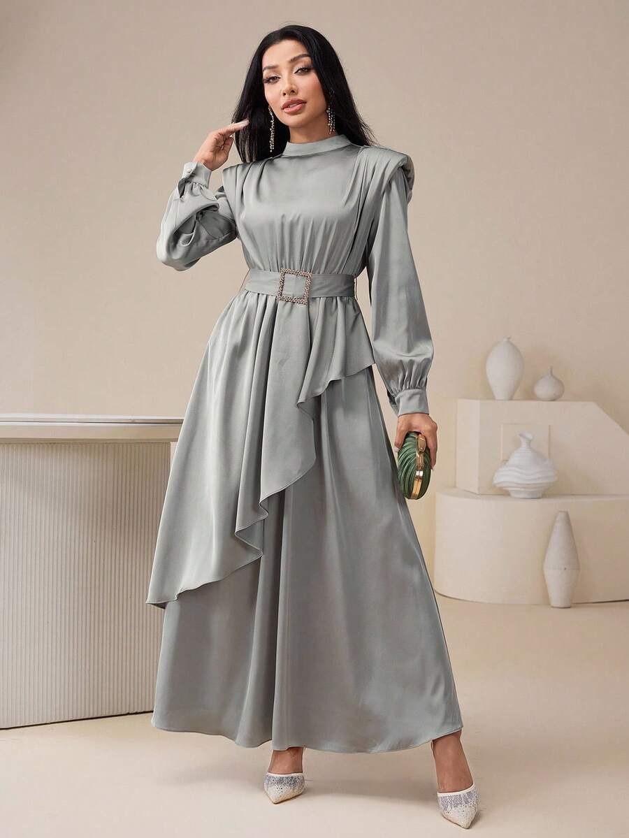 Veilorie Women's Solid Color Stand Collar Long Sleeve Ruffle Hem Elegant Dress - Green - View 1
