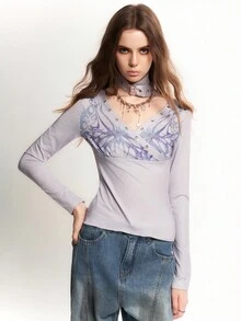 Bloopia Bloopia Ligero Ciberpunk Casual Versátil Reducción de Personalización Otoño/Invierno Halloween Nuevo Estilo Remache Patchwork CHOKER Impresión Digital de Espinas Oscuras Ajuste Ceñido Cuello en V Manga Larga Suéter de Punto