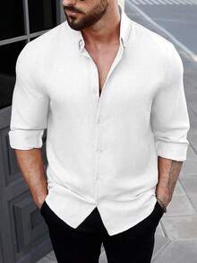 Manfinity CasualCool 男士纯色长袖素色衬衫 - 白色 - 查看 6