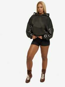 SUMWON WOMEN Oversized Hoodie With Metal Eyelet Grommets Casual Pullover Sweatshirt - Black - View 2