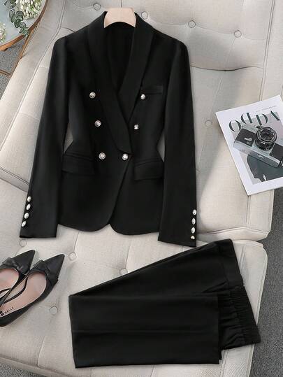 GlowEve CURVE Completo giacca e pantaloni da donna taglie forti, stile casual/da ufficio, con colletto a bavero, maniche lunghe e chiusura doppio petto