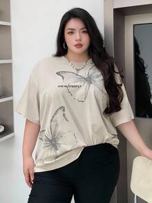 Dazy Plus Butterfly Print Pattern Loose Fit Round Neck Short Sleeve T-Shirt, Spring/Summer - Apricot - View 6