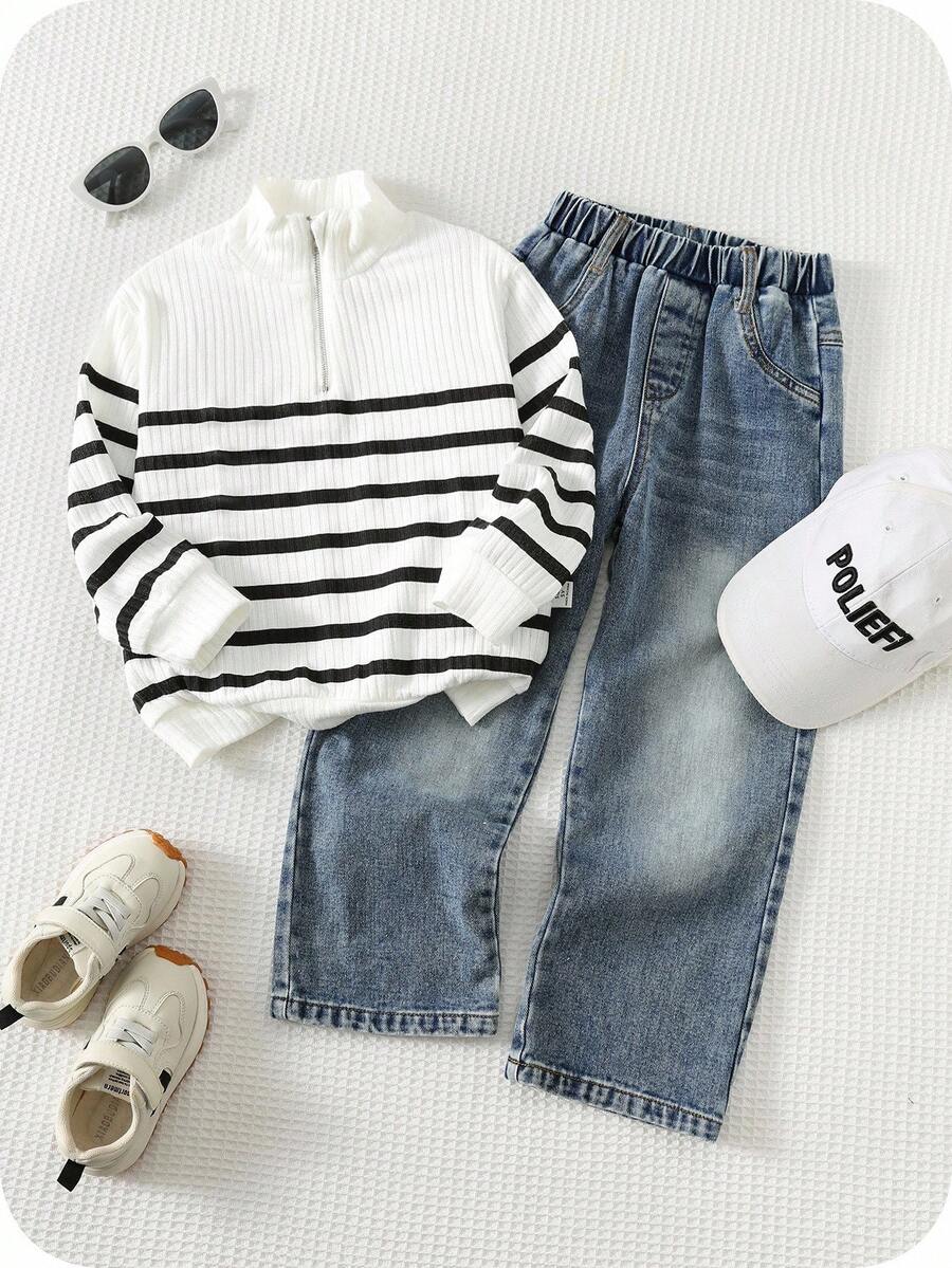 SHEIN Bộ 2 món/Bộ quần áo nỉ lót giữ nhiệt và quần jean cho bé trai, áo chui đầu cổ tròn kẻ sọc dáng rộng và quần denim, thời trang thường ngày thoải mái, cơ bản, thích hợp mặc trong nhà, ngoài trời, hàng ngày, thể thao, vui chơi, tiệc tùng lễ hội, trở lại trường, Halloween, Giáng sinh, dạo phố, bộ đồ thể thao, bộ đồ hai mảnh thu/đông cho bé trai bộ đồ kẻ sọc cho bé trai bộ đồ thường ngày cho bé trai bộ đồ jean thu - trắng - Xem 1
