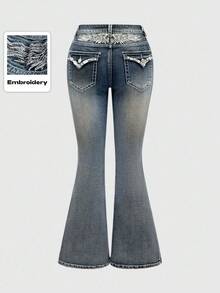 ROMWE Grunge Punk Spring/Summer Plus Size Wing Embroidery & Rhinestone Decor Flare Jeans - Multicolor - View 1