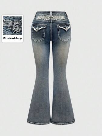 Grunge Punk Jeans acampanados con bordado de alas y decoración de rhinestones para tallas grandes