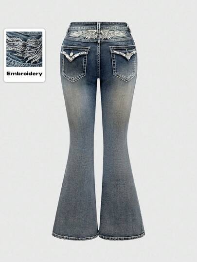 ROMWE Grunge Punk Spring/Summer Plus Size Wing Embroidery & Rhinestone Decor Flare Jeans