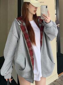 DAZY 少女宽松格子拼接卫衣，休闲宽松格子设计，秋季休闲风，宽松格子，秋季 - 灰色 - 查看 1