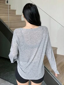 DAZY 女士夏季纯色纽扣装饰休闲长袖T恤，秋装 - 灰色 - 查看 4