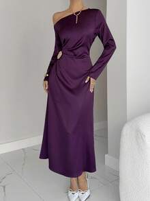 Siren Gaze Women's Solid Color Asymmetric Shoulder Long Sleeve Pleated Elegant Long Dress Dress Modest Plum Dress Purple Long Dress Long Sleeve Elegant Dress Purple Elegant Dress Women Winter Christmas New Year Party Red Party Dress Burgundy - Burgundy - View 3