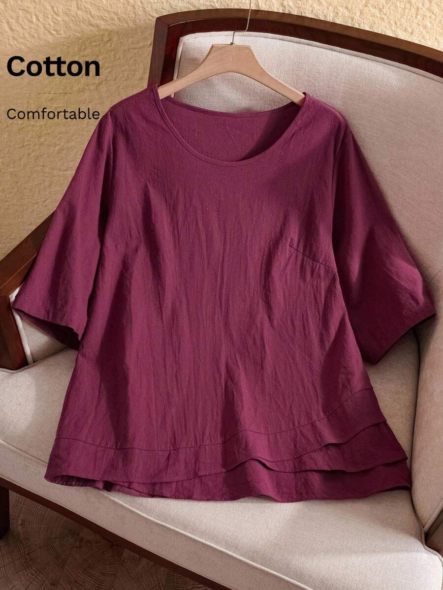 EMERY ROSE Camisa de estilo campestre asimétrica color vino tinto para tallas grandes, ropa de otoño - Burdeos - Ver 1