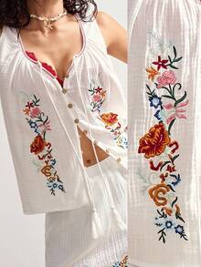 Bohemela Bộ 2 món áo hai dây dệt rộng rãi màu trơn và chân váy mini cho nữ - Màu be - Xem 2