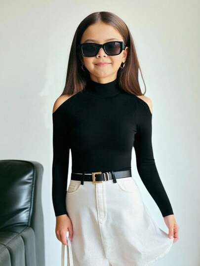 SHEIN Camiseta de manga larga ajustada con diseño calado de unicolor para niñas preadolescentes, primavera y otoño