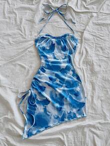 Soleia Vacation Casual Halter Tie Drawstring Asymmetrical Hem Tie-Dye Bodycon Dress - Blue and White - View 2