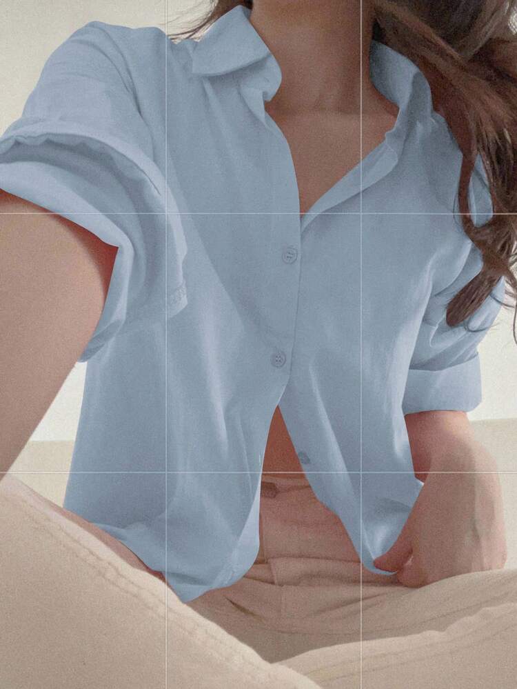 Women's Long Sleeve Blue Single-Breasted Casual Loose Solid Color Shirt,Fall