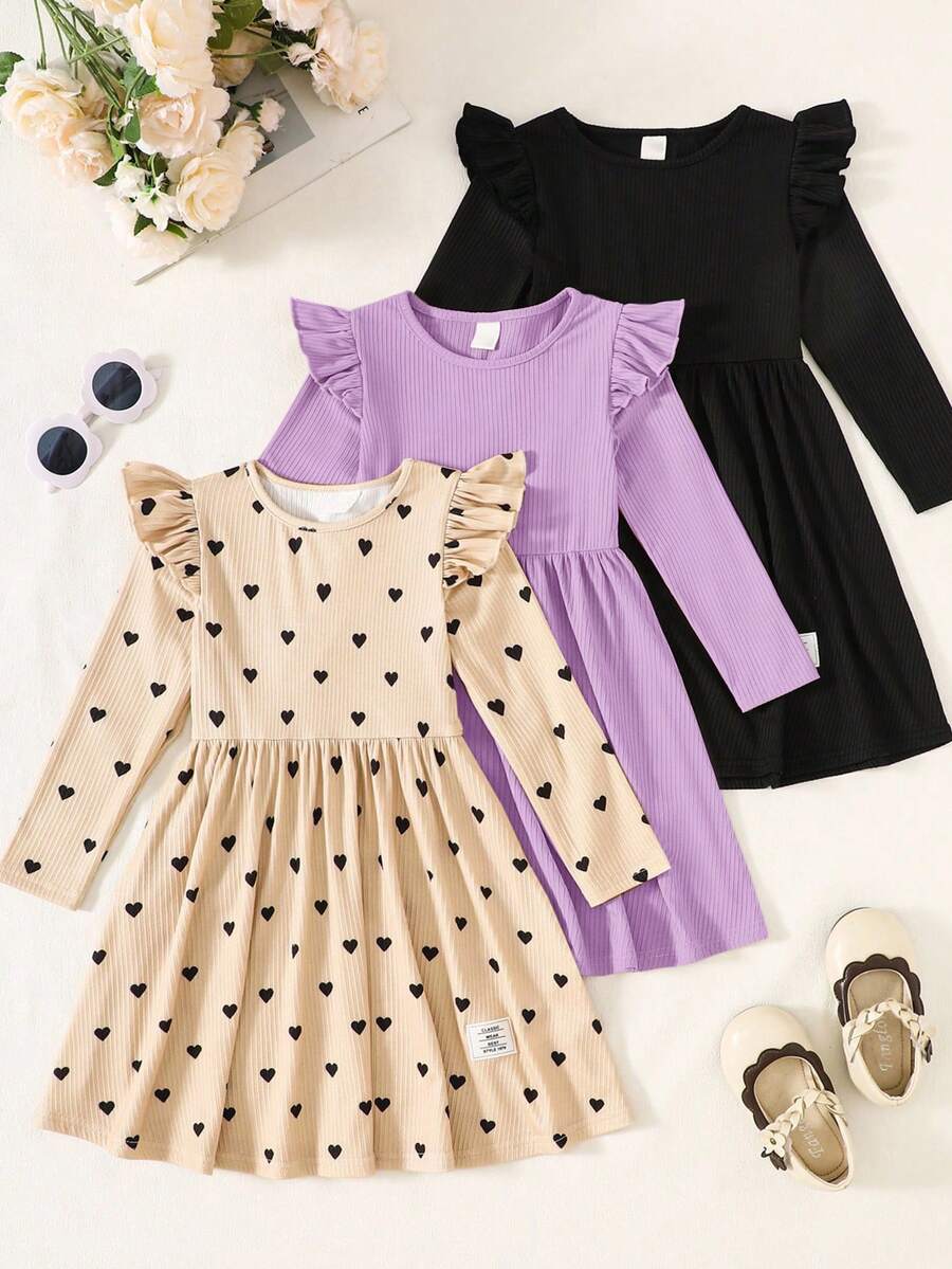 3pcs Set: Young Girl Solid Color Fitted Casual Dress With Flutter Sleeve Fall Winter - Black - View 1