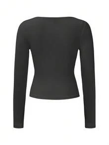 Chiquease Scoop Neck Ruched Side Crop Tee For Dailywear Fall Cloth For Women - Grey - View 7