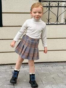 Playful Pals 女孩休闲可爱格子褶皱 A 字裙，适合秋冬季、学校、返校季、日常穿着 - 藍色 - 查看 6