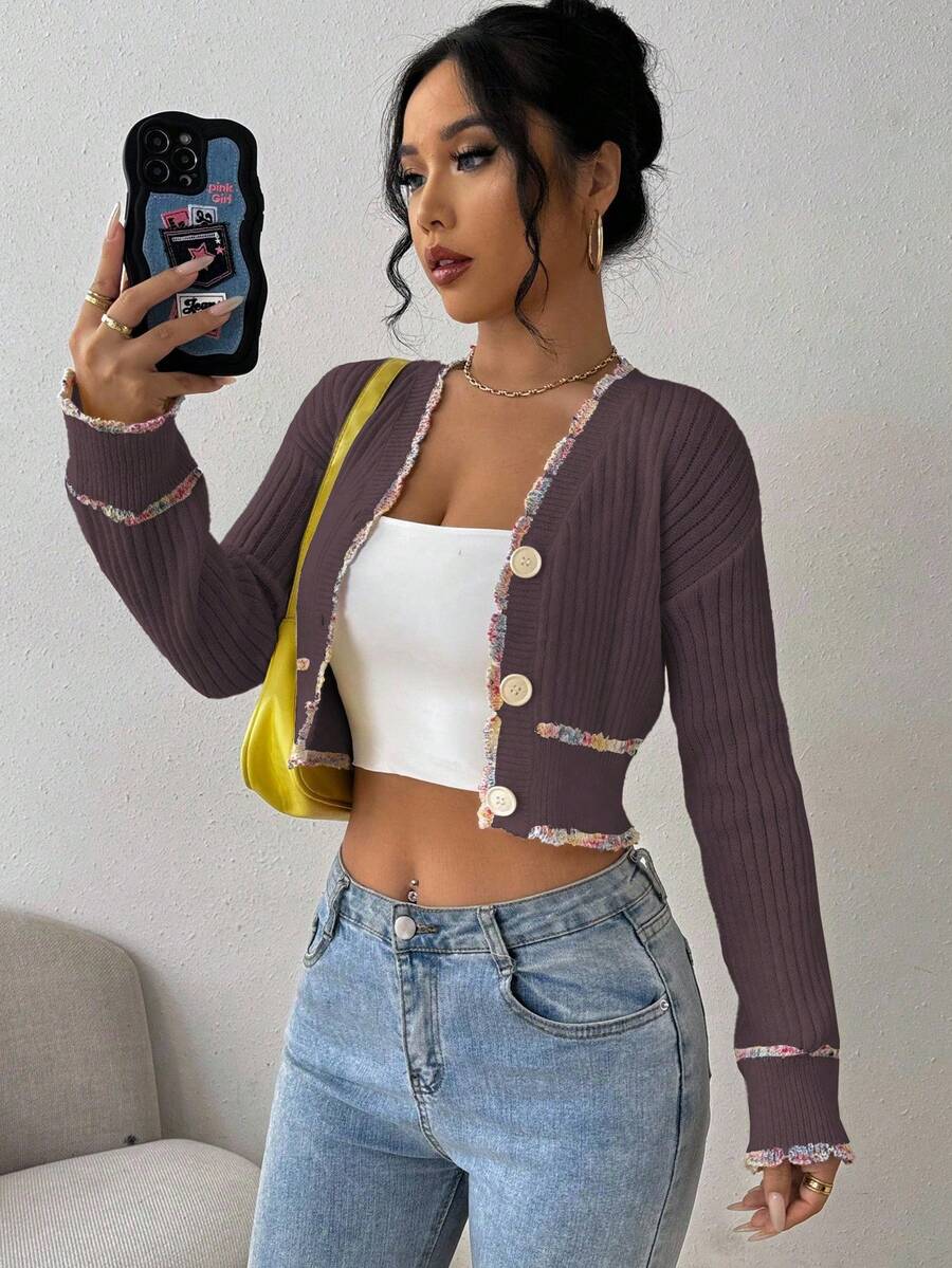 EMERY ROSE 女士秋季落肩长袖单排扣短款休闲优雅开衫 - 咖啡棕 - 查看 1