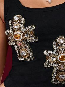 MISSGUIDED Embellished Cross Tank Top Vintage Gothic Crystal Rhinestone Tank Top Ornate Baroque Design Fall Winter Holiday Party Evening - Black - View 5