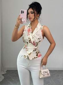 Selianne 女士无袖 V 领系带腰部蝴蝶结装饰印花优雅浪漫衬衫 - 彩色 - 查看 6