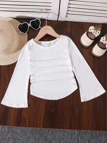 SHEIN Young Girl Fashionable Fitted Casual Round Neck Ruffle Flare Sleeve Long Sleeve T-Shirt, Suitable For School, Christmas, Halloween, Daily Wear, New Year Party, Autumn/Winter