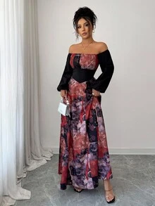 Selianne Women's Elegant Off Shoulder Long Dress,Black Floral Autumn Sophisticated Long Sleeve Dress For Birthday Party,Formal Occasions,Date,Graceful Gown - Multicolor - View 6