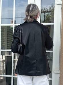 Vivie Lora 女士秋季翻领长袖PU皮休闲西装外套 - 黑色 - 查看 4