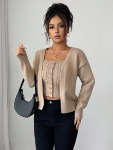 Elenzga 2pcs/Set Knitted Vest + Loose Solid Color Cardigan Sweater For Women - Khaki - View 1