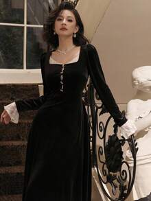 DAZY Vestido de fiesta elegante para mujer, vestido de longitud media con mangas abullonadas, parches de encaje y bloques de color, otoño