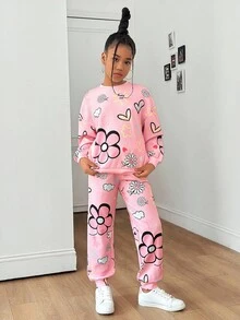 SHEIN 2件套青少年女孩休闲宽松花卉印花圆领运动衫和裤子套装 - 淺粉色 - 查看 3