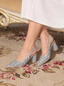 CUCCOO TILAWA Women's Chunky Heel Cloth Rhinestone Embellished Pointed Toe Slip-On Flats, Suitable For Outings, Banquets, Parties And Other Events For Christmas - Silver - View 4