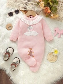 SHEIN 1pc Newborn Baby Pink Sweater Romper, Lace Collar Long Sleeve Bodysuit With Swan Embroidery, Sweet & Fashionable Baby Girl Knitted Romper Newborn Baby Girl Sweater Outfit Baby Girl Swan Outfit Pink Baby Girl Romper Baby Girl Winter Clothes Fall Baby Set Autumn Winter Season Baby Girl Winter Outfits Newborn Girl Knitted Outfits Baby Girl Knitted Outfits Newborn Girl Winter Sets Baby Knitted Pink Romper