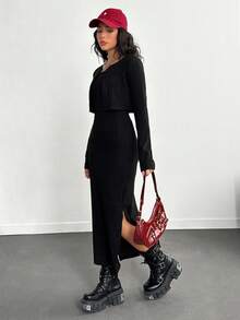 2 Stücke/Set Teenager Mädchen Gerippte Strick Jacke und Bodycon Trägerkleid Set