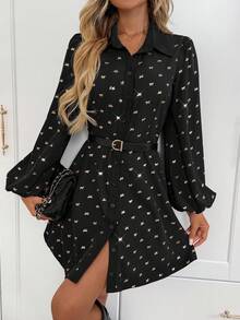 SHEIN LUNE Vestido casual de mujer con lámina de oro para fiestas, atuendo básico para uso diario y salidas en otoño/invierno, vestido mini de manga larga - Negro y oro - Ver 9
