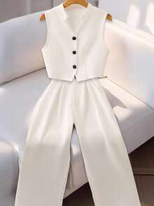 Calvaya 女款無袖背心和西裝褲2入套裝，休閒秋裝 - 白色 - 查看 1