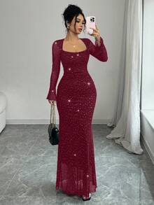 Rafferiza Đầm Maxi Dài Tay Xòe Xếp Ly Cổ Bất Đối Xứng Ôm Sát Thân Trước & Bên Hông Thanh Lịch Cho Nữ Màu Đen, Thu/Đông, Chất Liệu Vải Lưới Dệt Kim Jacquard Có Viền Bạc - Màu Đỏ Sâu - Xem 8