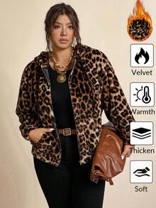 SHEIN LUNE 大码女式豹纹长袖拉链连帽抽绳外套秋冬外套女式冬季外出上衣女式外出拉链连帽衫冬季外套动物纹棕色秋季 - 彩色 - 查看 2