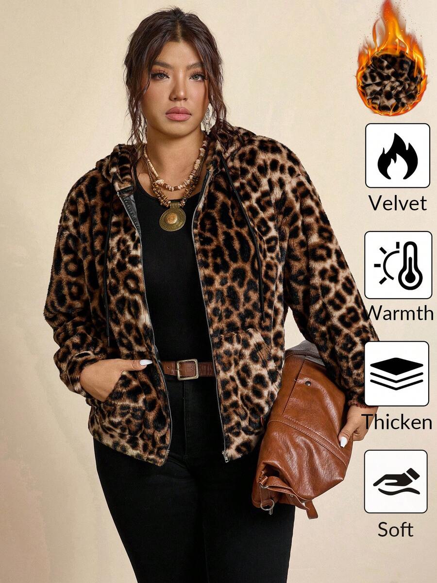 SHEIN LUNE 大码女式豹纹长袖拉链连帽抽绳外套秋冬外套女式冬季外出上衣女式外出拉链连帽衫冬季外套动物纹棕色秋季