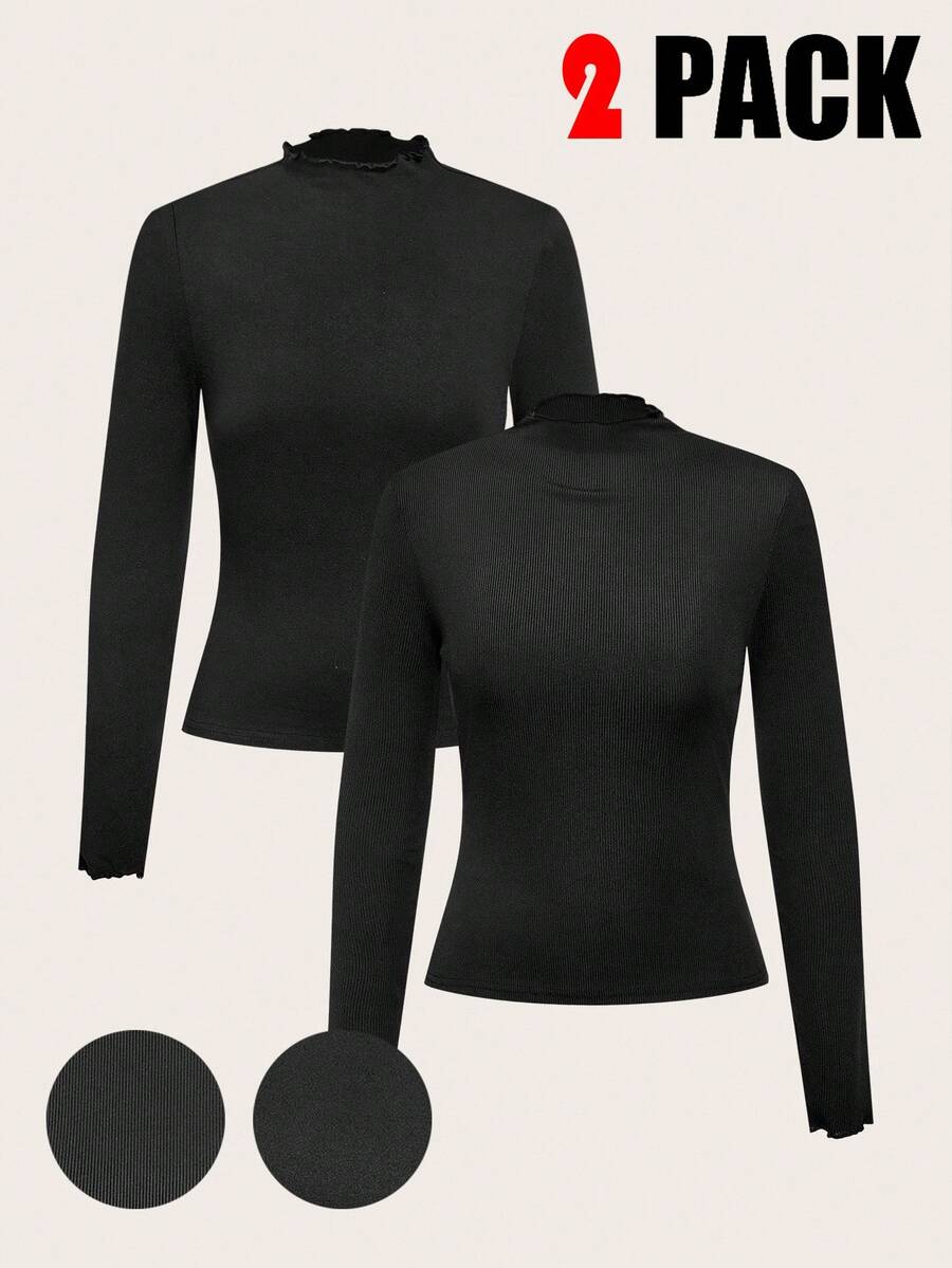 SHEIN EZwear 2pcs Pack Casual Tight Fit Long Sleeve T-Shirts, Versatile All-Match, Different Fabrics, Suitable For Autumn/Winter,Fall,Black Tops - Black - View 1