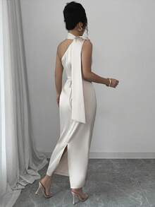 Selianne 优雅性感法式缎带斜肩领口 3D 花朵腰部捏褶修身紧身连衣裙