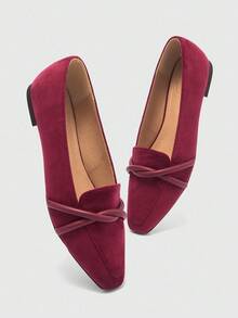 CUCCOO BIZCHIC Sepatu loafer wanita model retro yang nyaman, ujung persegi, warna merah tua, dengan tali silang dan sol lembut, cocok untuk perjalanan sehari-hari dan pakaian kantor. - Burgundy - View 5
