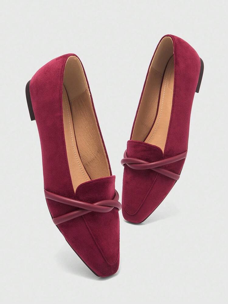 CUCCOO BIZCHIC Women's Square Toe Flat Oxblood Criss-Cross Strap Soft Bottom Comfortable Retro Loafers, Suitable For Daily Commute And Office Wear