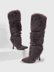 CUCCOO SZL Giày bốt cao đến đầu gối nữ thời trang sang trọng, mũi nhọn, lót lông giả, khóa kéo màu kaki - Màu Khaki - Xem 2