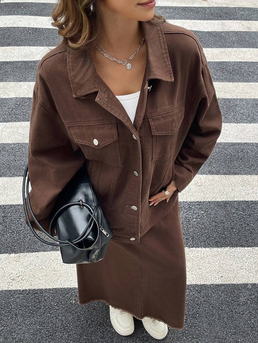 DAZY 女士秋季翻领宽松上衣和宽松牛仔裙两件套 - 咖啡棕 - 查看 1