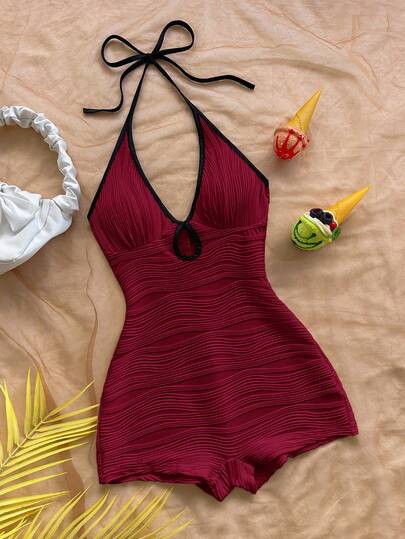 Soleia Women's Casual Vacation New V-Neck Halter Tie Bow Front Hollow Out Black & White Contrast Trim Bodycon Ribbed Jumpsuit, Versatile For Party, Date, Afternoon Tea, Beach